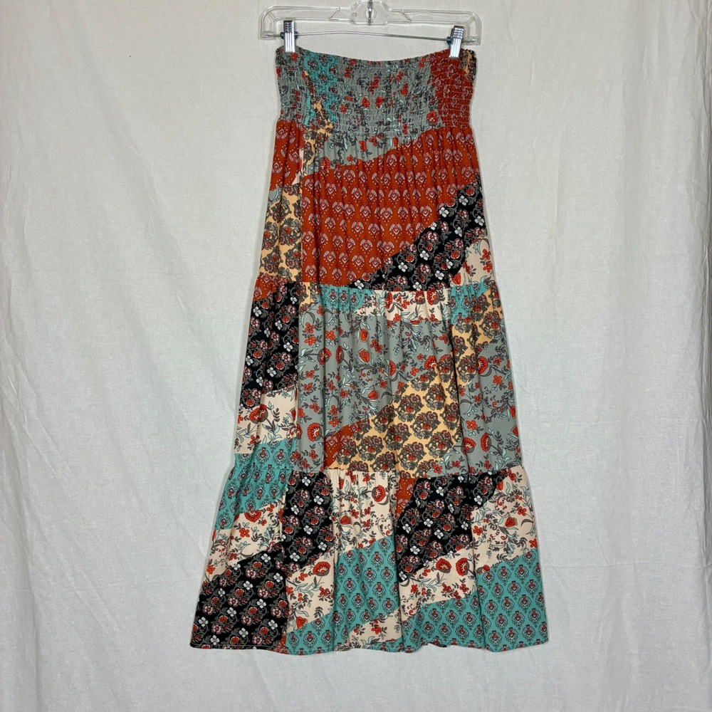 Unbranded Womens Patchwork Floral Smocked Maxi Skirt Size M Boho Concert